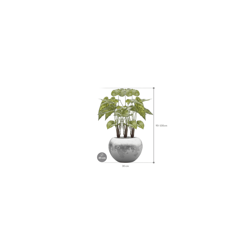 Caladium Bush in Luxe Lite Glossy Globe Zilver - kunstplant